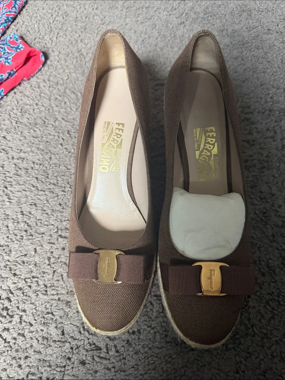 Salvatore Ferragamo Brown Grosgrain Vara Wedge Espadrilles